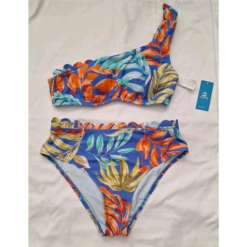 NWT Cupshe Two Piece Tropical Swimsuit Sz Medium Blue Orange Green Yellow